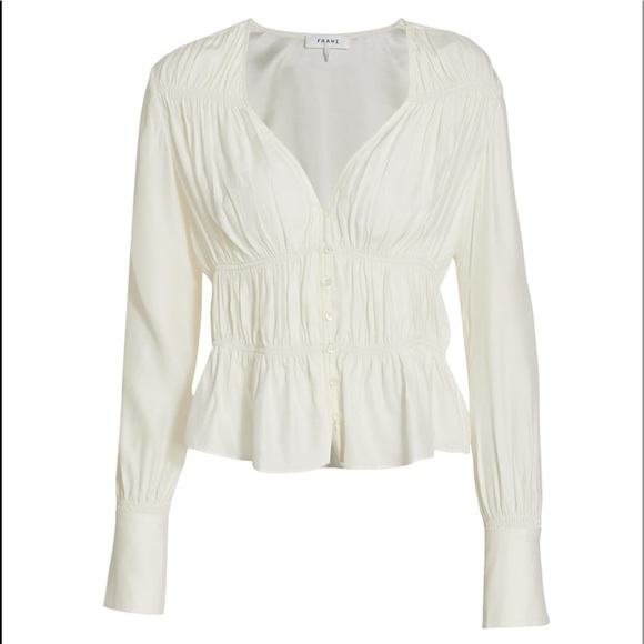 Frame Ruched V-Neck Silk Blouse Off White Large- New - Picture 10 of 14